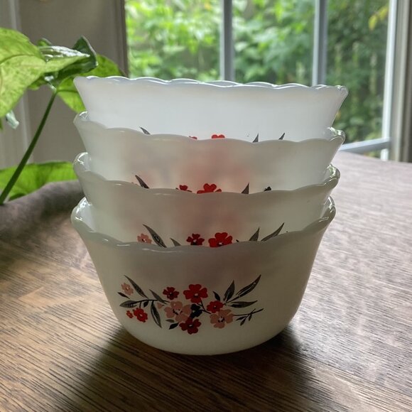 4 FIRE KING Primrose Custard Cups Ramekins, 1960s, Floral #424, Limited edition - Picture 4 of 12